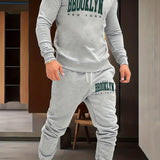 kkboxly  BROOKLYN Print, Men's 2Pcs Outfits, Casual Crew Neck Long Sleeve Pullover Sweatshirt And Drawstring Sweatpants Joggers Set For Spring Fall, Men's Clothing