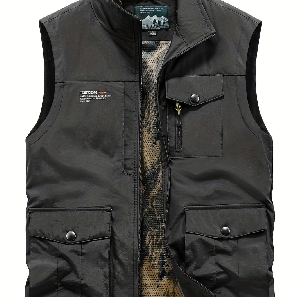 kkboxly  Zipper Pockets Cargo Vest, Men's Casual Outwear Stand Collar Zip Up Vest For Spring Summer Outdoor Fishing Photography