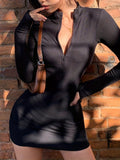 kkboxly  Zipper Solid Bodycon Dress, Casual Long Sleeve Mini Dress, Women's Clothing