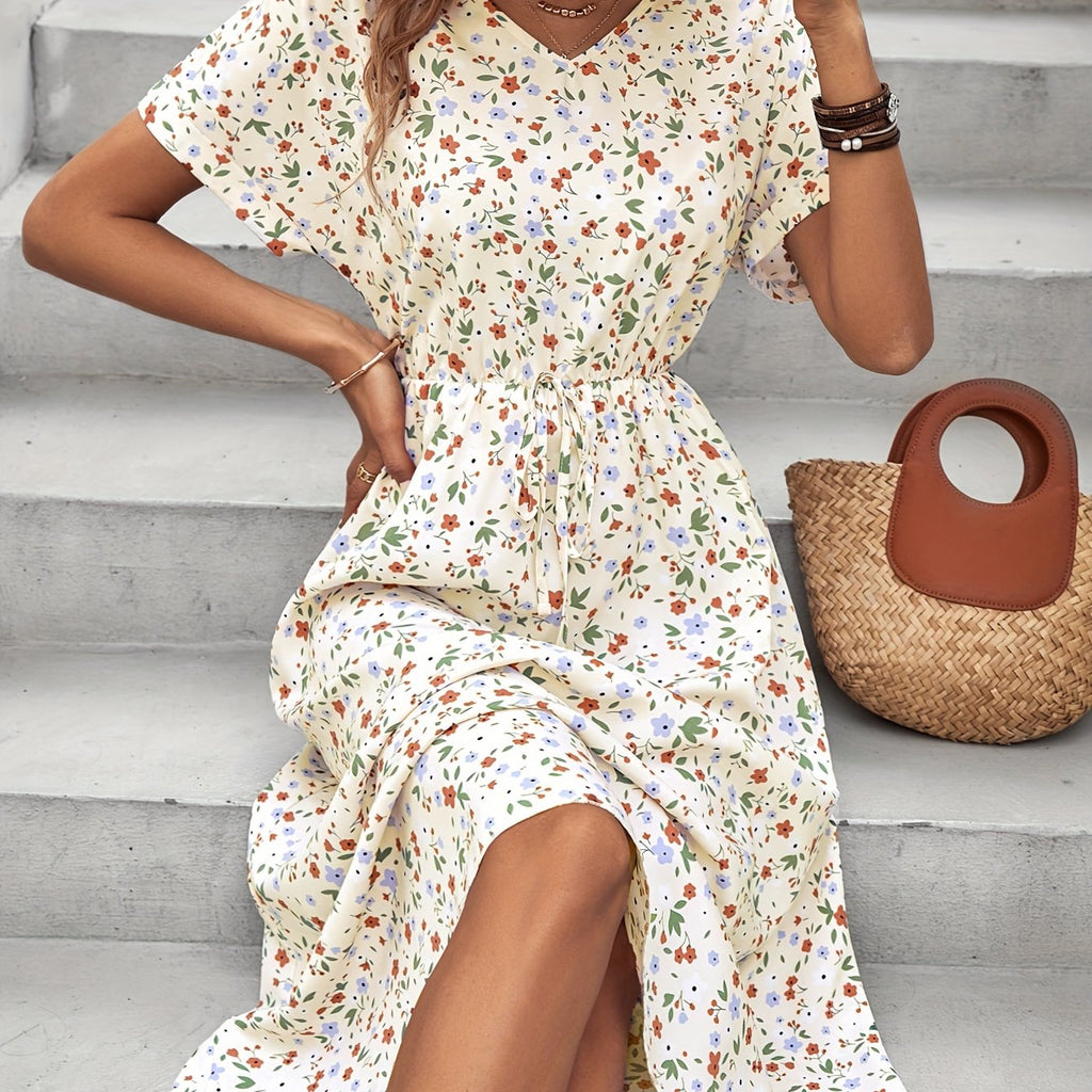 kkboxly  Ditsy Floral Print Dress, Casual Drawstring V Neck Dress, Women's Clothing