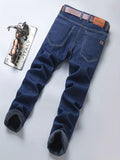 kkboxly  Warm Fleece Straight Leg Jeans For Business, Men's Casual Stretch Thick Denim Pants For Fall Winter