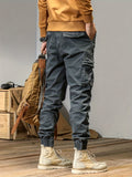 kkboxly  Trendy Solid Cargo Cotton Pants, Men's Multi Flap Pocket Trousers, Loose Casual Outdoor Pants, Men's Work Pants Outdoors Streetwear Hip Hop Style