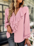 kkboxly Ruffle Trim Solid Blouse, Elegant V Neck Lantern Sleeve Blouse, Women's Clothing