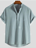 kkboxly  Men's Cotton & Linen Striped Half Button Shirt