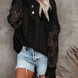 kkboxly  Contrast Lace Eyelet Knit Sweater, Casual Crew Neck Long Sleeve Sweater, Women's Clothing