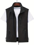 kkboxly  Zipper Pockets Cargo Vest, Men's Casual Outwear Stand Collar Zip Up Vest For Spring Summer Outdoor Fishing Photography