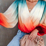 kkboxly  Gradient Print Surplice Neck Blouse, Casual Lantern Long Sleeve Blouse For Spring & Fall, Women's Clothing