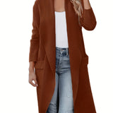 kkboxly  Solid Pocket Open Front Cardigan, Casual Long Sleeve Lapel Cardigan, Women's Clothing