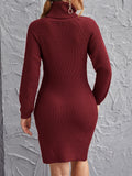 kkboxly  Bodycon Solid Turtleneck Knitted Dress, Elegant Long Sleeve Casual Dress For Fall & Winter, Women's Clothing