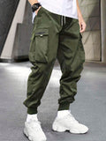 kkboxly Men's Stylish Letter Graphic Cargo Pants with Flap Pockets - Drawstring Waist for Comfort