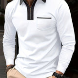 kkboxly Men's Casual Long Sleeves Zip Up Polo Shirts With Chest Pocket, Lapel Collar Tops Pullovers, Men's Clothing For Summer