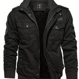 kkboxly Warm Plush Fleece Cotton Jacket, Men's Casual Zipper Pockets Stand Collar Jacket Coat For Fall Winter