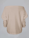 kkboxly  Solid Off Shoulder Pullover Sweater, Elegant Long Sleeve Button Sweater, Women's Clothing