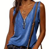 kkboxly  Casual V-neck Zipper Cami Top, Solid Fashion Sleeveless Loose Summer Fit Tank Top, Women's Clothing