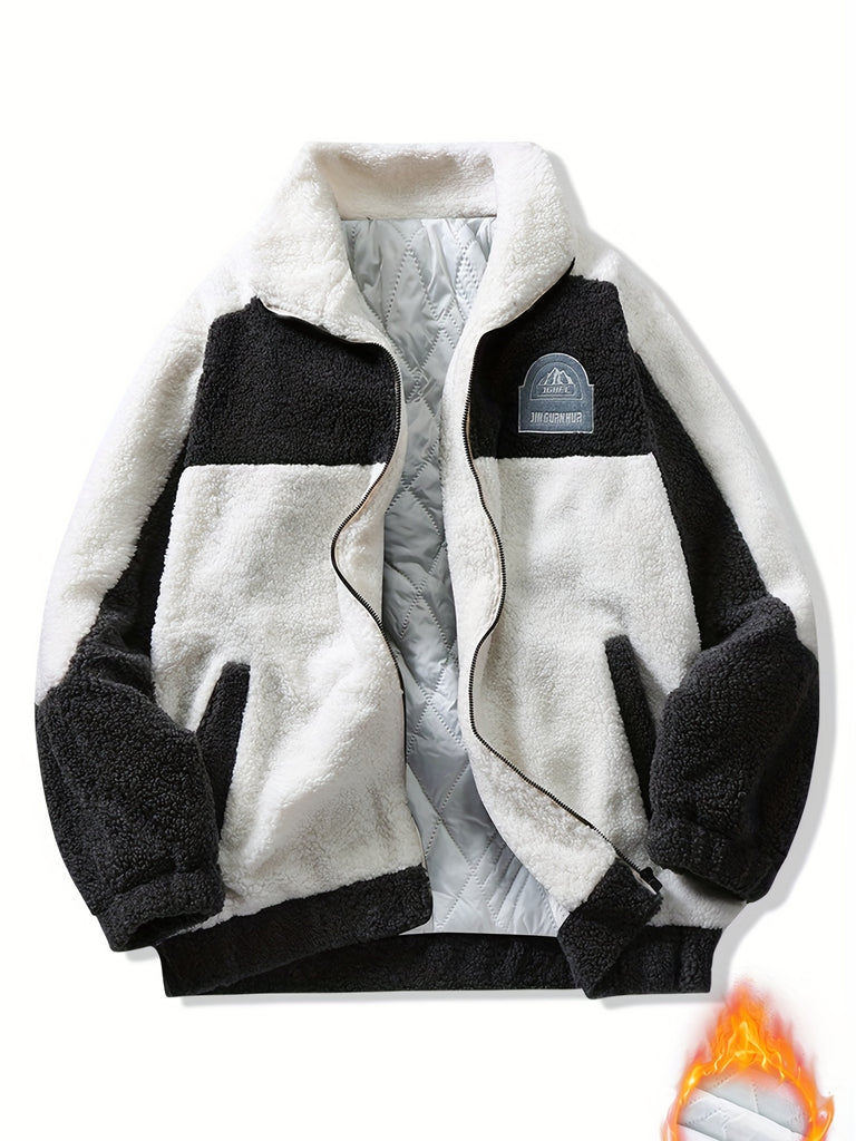 kkboxly  Warm Plush Fleece Jacket, Men's Casual Color Block Stand Collar Jacket Coat For Fall Winter