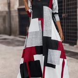 kkboxly  Patchwork Print Crew Neck Dress, Casual Long Sleeve Maxi Dress For Spring & Fall, Women's Clothing