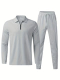 kkboxly  Waffle Pattern Men's 2Pcs Outfits, Casual V Neck Shirt Long Sleeve Pullover Sweatshirt And Drawstring Sweatpants Joggers Set For Spring Fall, Men's Clothing