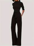 kkboxly  Solid Tie Waist Jumpsuit, Elegant Lapel Half Sleeve Jumpsuit, Women's Clothing