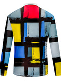 Stylish Color Block Pattern Print Men's Casual Short Sleeves Zip Up Graphic Shirts, Lapel Collar Tops Pullovers, Men's Clothing For Summer