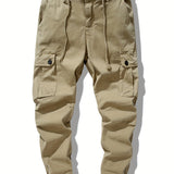 kkboxly Men's Trendy Solid Cotton Cargo Shorts With Multi Pockets, Casual Slightly Stretch Comfy Work Pants For Outdoor