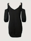 Kkboxly  Chain 3/4 Sleeve Dress, Casual Cold Shoulder V Neck Solid Dress, Women's Clothing