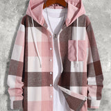 kkboxly  Men's Color Block Checkered Hooded Sweatshirt Casual Long Sleeve Hoodies With Button Gym Sports Hooded Jacket