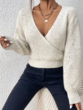 kkboxly  Solid Surplice Neck Knit Sweater, Casual Long Sleeve Sweater, Women's Clothing