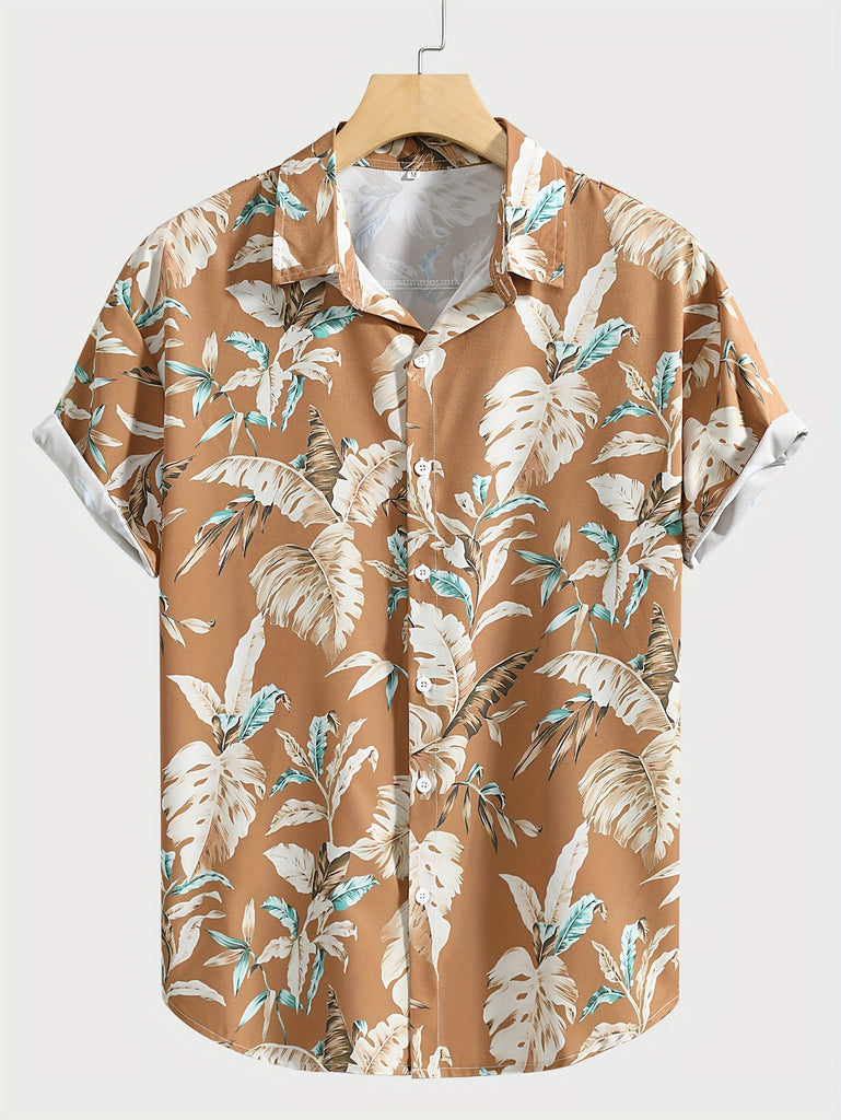 kkboxly  Tropical Leaf Retro Hawaiian Shirt, Men's Casual Button Up Short Sleeve Shirt For Summer Vacation Resort