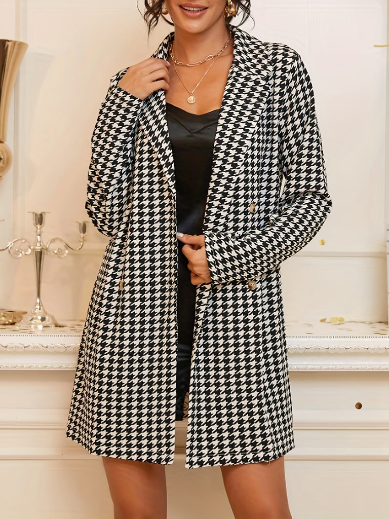 Houndstooth Double Breasted Lapel Blazer, Elegant Long Sleeve Overcoat For Office & Work, Women's Clothing
