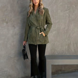 kkboxly  Solid Double Breasted Lapel Belted Blazer, Casual Long Sleeve Dual Pockets Blazer, Women's Clothing