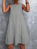 kkboxly  Round Neck Loose Big Swing Splicing Cake Dress, Casual Solid Color Sleeveless Waist Summer Dresses, Women's Clothing