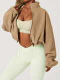 kkboxly  Zip Up Drop Shoulder Jacket, Casual Solid Long Sleeve Drawstring Crop Jacket For Fall, Women's Clothing