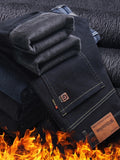 kkboxly  Warm Fleece Straight Leg Jeans For Business, Men's Casual Stretch Thick Denim Pants For Fall Winter