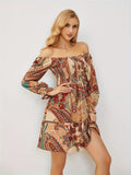 Paisley Print Off Shoulder Dress, Elegant Long Sleeve Shirred Dress For Spring, Women's Clothing