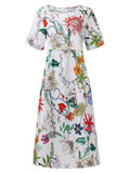 Kkboxly   Floral Print Round Neck Dress, Casual  Pocket Short Sleeve Beach High Waist Summer Dresses, Women's Clothing