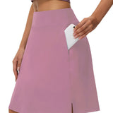 Tennis Sports Mid-Length Skorts, Soft Breathable Quick Drying Yoga Fitness Golf Skirts With Phone Pocket