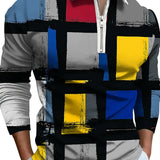 Stylish Color Block Pattern Print Men's Casual Short Sleeves Zip Up Graphic Shirts, Lapel Collar Tops Pullovers, Men's Clothing For Summer