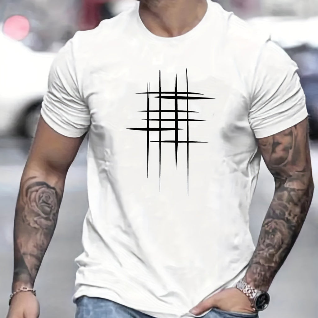 kkboxly  Line Cross Men's T-shirt For Summer Outdoor, Casual Slightly Stretch Crew Neck Tee Short Sleeve Graphic Stylish Clothing