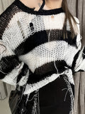 kkboxly  Y2K Striped Crew Neck Ripped Sweater, Long Sleeve Raw Trim Loose Sweater For Spring & Fall, Women's Clothing