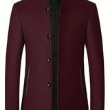 kkboxly  Warm Wool Blend Jacket Coat, Men's Casual Stand Collar One Breasted Jacket For Fall Winter, Father's Gift