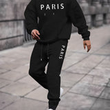 2pcs, Paris Print, Men's Hoodie And Joggers Set For Spring And Fall