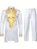 kkboxly Men's African 2 Piece Set Long Sleeve Gold Print Dashiki And Pants Outfit Traditional Suit
