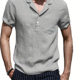 kkboxly  Solid Color Men's Casual Button Up Short Sleeve Lightweight Polo Shirt With Chest Pocket, Men's Polo For Summer