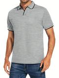 kkboxly  Men's Striped Cuffs Breathable Solid Color Golf Polo Shirt, Men's Casual Button Up Collar Pullover T-Shirt Short Sleeve For Summer, Men's Clothing