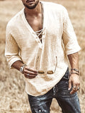 kkboxly  Men's Retro Shirt Top V Neck Lace Up Collar Middle Sleeves Closure Regular Fit Male Casual Shirt For Daily Beach Resorts Summer