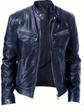 kkboxly  Men's Faux Leather Windbreaker Plain Zipper Stand Collar Long Sleeve PU Jacket For Motorcycle