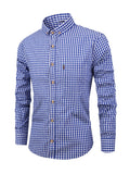 kkboxly  Men's Stylish Checkered Pattern Shirt, Casual Breathable Lapel Button Up Long Sleeve Shirt Top For City Walk Street Hanging Outdoor Activities