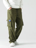 Men's Stylish Vintage Style Loose Solid Cargo Pants With Pockets,  Causal Breathable Straight Leg Drawstring Men's Bottom Clothing For City Walk Street Hanging Outdoor Activities