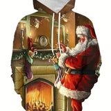 kkboxly  Christmas Elk& Santa Print Hoodie, Cool Hoodies For Men, Men's Casual Graphic Design Pullover Hooded Sweatshirt With Kangaroo Pocket Streetwear For Winter Fall, As Gifts