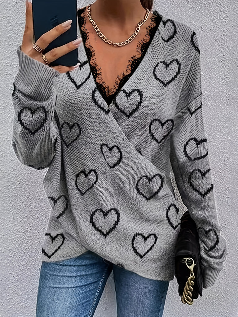 kkboxly  Heart Pattern Lace V Neck Pullover Sweater, Elegant Cross Front Long Sleeve Sweater For Fall & Winter, Women's Clothing